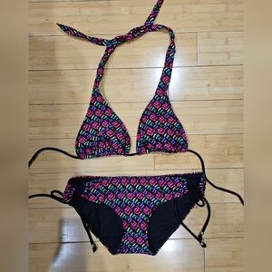 Vintage Y2K Spencer's Black B¡tch Swimsuit Bikini Top Bottom String Tie Set M